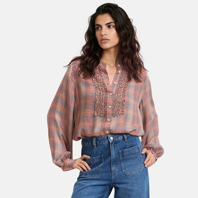 Chemise col rond, à carreaux et volants, manches longues LA REDOUTE COLLECTIONS