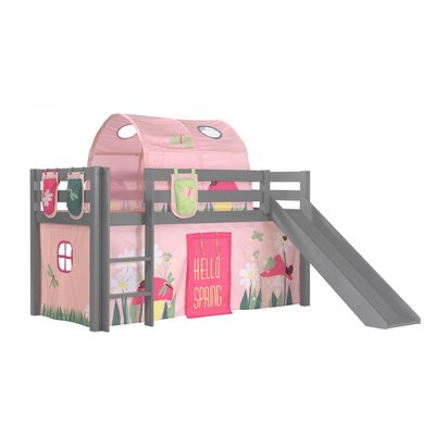 Lit Enfant Surélevé Avec Toboggan Gris + Rideau et tunnel de lit + 3 pochettes spring VIPACK