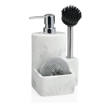 Distributeur Liquide Vaisselle Porte Éponge Résine Effet Marbre Blanc WADIGA