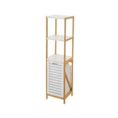 Étagère Salle de Bain avec Panier à Linge Blanc et Bambou WADIGA