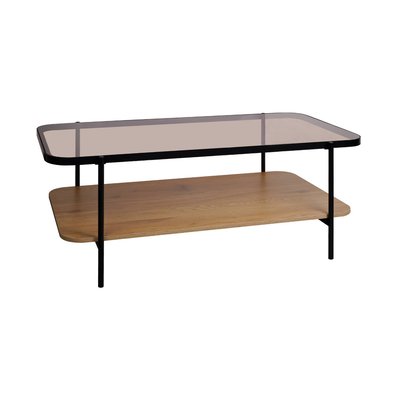 Table basse rectangulaire double plateau verre, effet bois et métal SMOOKY SWEEEK