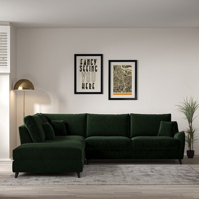 Amelia Velvet Corner Sofa & Modular Footstool Set with Dark Wood Legs (Left Facing) SO'HOME