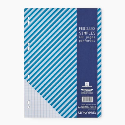 400 Feuillets mobiles perforees, 21 x 29,7, grands carreaux MONOPRIX