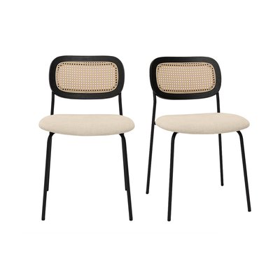 Chaises design en tissu effet velours texturé beige, métal noir et cannage rotin (lot de 2) MIRANDA MILIBOO