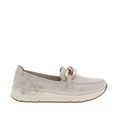 Mocassins noirs à talon plat avec empiècements dorés et chaîne bronze RIEKER