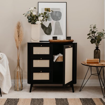 Commode 1 porte 3 tiroirs avec imprimé cannage et pieds en bois massif TERRE DE NUIT