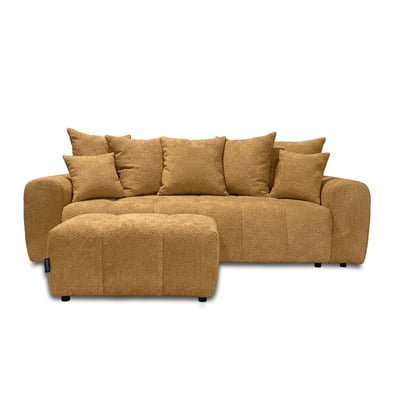 Canapé droit convertible 3 places en tissu bouclette avec pouf, ROXELANE BOBOCHIC