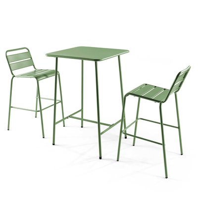 Salon de jardin table de bar et 2 chaises en acier, PALAVAS OVIALA