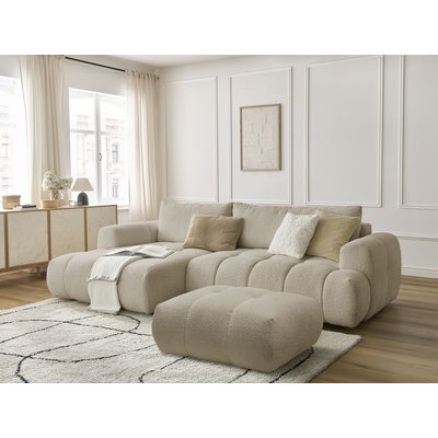 Canapé d'angle convertible 3 places en tissu bouclette avec pouf, FUJI BOBOCHIC