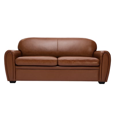 Canapé convertible vintage 3 places cuir marron et bois noir avec matelas 9 cm CLUB MILIBOO