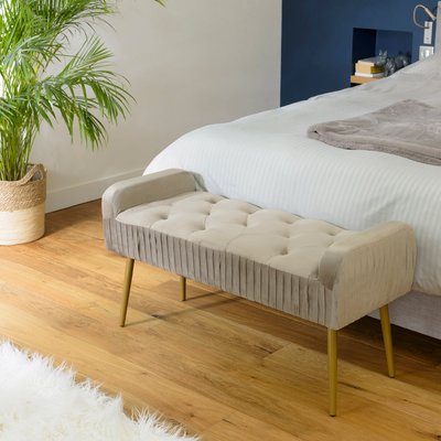 Banc de lit en velours taupe et pieds dorés TIM PIER IMPORT