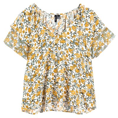 Блузка с V-образным вырезом, цветочным рисунком и короткими рукавами VERO MODA