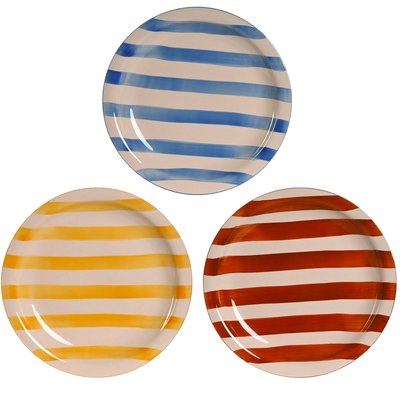 Set de 3 assiettes faïence rayures bleues, jaunes, rouges 26x26x3cm WADIGA