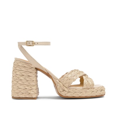 Sandales à talon en raphia naturel tressé et bride cheville VALERIETTE PLATFORM CASTANER