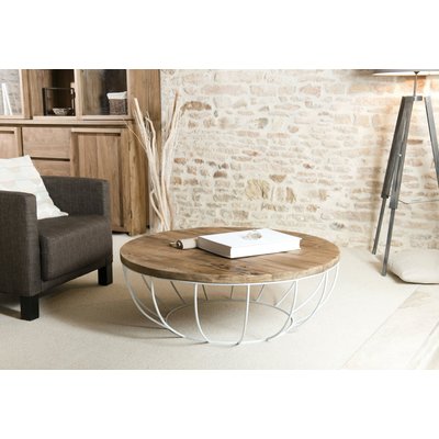 Table basse ronde 100cm teck recyclé et métal blanc style contemporain industriel SWING PIER IMPORT