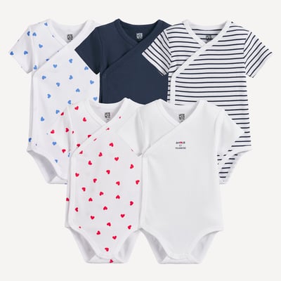 Set di 5 body con incrocio a maniche corte, in cotone, con stampa a cuori e righe LA REDOUTE COLLECTIONS