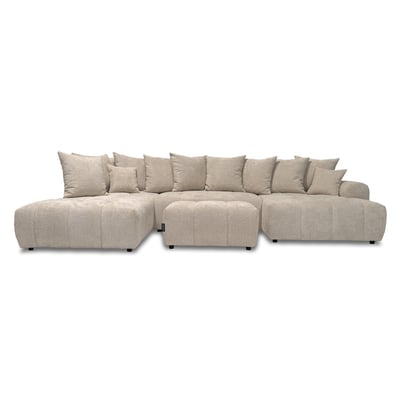 Canapé panoramique convertible 6 places en tissu bouclette avec pouf, ROXELANE BOBOCHIC