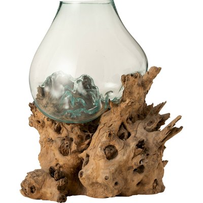 Vase sur pied en bois naturel et verre transparent sculptural RECOLLECTION