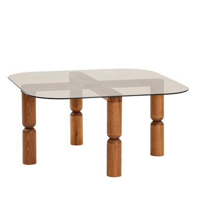 Table basse carrée en verre trempé et bois 80x80cm- COLONIA DRAWER