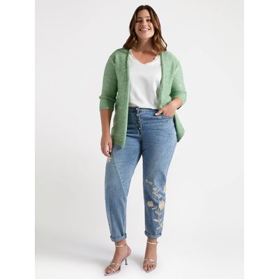 Jean droit avec fleurs brodées en FIL et découpes diagonales sur les jambes FIORELLA RUBINO
