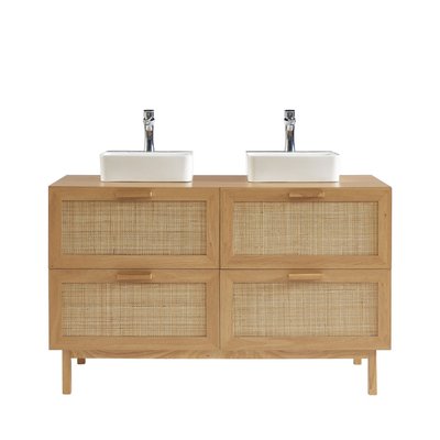 Meuble de salle de bain 2 vasques en bois et cannage L130cm - JUNE DRAWER