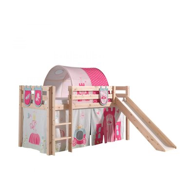 PINO Lit Compact avec Toboggan Pin Massif  + Rideau, tunnel et 3 pochettes de lit princess VIPACK