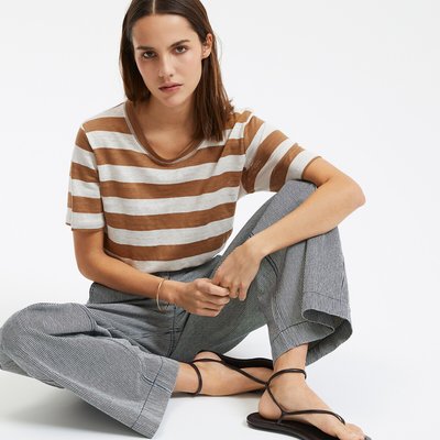 Льняная футболка в полоску с круглым вырезом и коротким рукавом LA REDOUTE COLLECTIONS