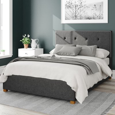 Presley Herringbone Twill Storage Ottoman Bed with Studded Upholstered Headboard ASPIRE