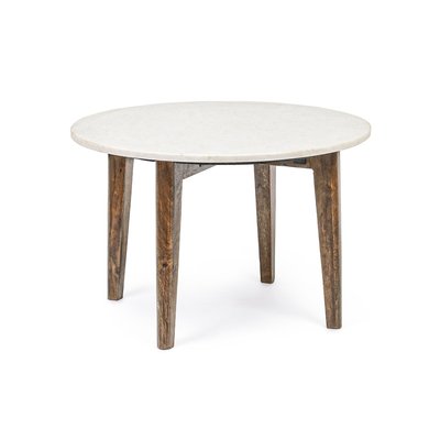 Table basse ronde vintage en manguier et marbre blanc D60 - BLANY HELLIN, DEPUIS 1862