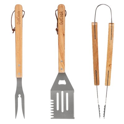 3 Ustensiles pour barbecue en inox et manche en bois TOILINUX