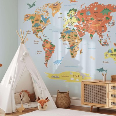Papier peint pour enfant avec carte du monde et dinosaures - 255x260 cm (l x h) LA TOUCHE ORIGINALE