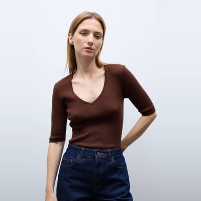 Pull manches coude à côtes en coton et cachemire MONOPRIX