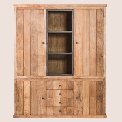 Buffet vaisselier en bois recyclé 3 portes 4 tiroirs éclairage LED - LINAS HELLIN, DEPUIS 1862
