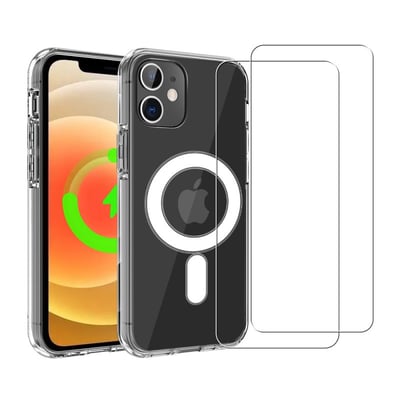 Coque Anti-choc compatible Magsafe pour iPhone 12/12 Pro Transparente + 2 vitres EVETANE