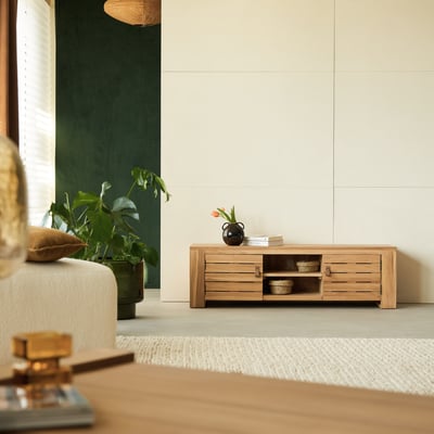 Meuble Hi-FI, TV en Teck massif, MINIMALYS TIKAMOON