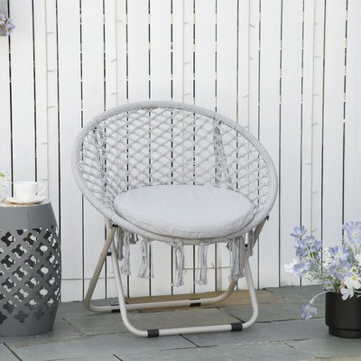 Loveuse fauteuil lune rond de jardin pliable macramé coton polyester gris OUTSUNNY