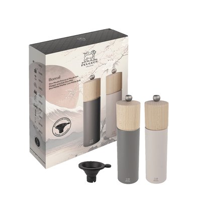 Coffret cadeau - Duo de moulins à poivre et à sel Boreal 21 cm et son entonnoir en silicone Duo Boreal PEUGEOT