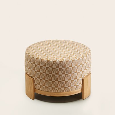 Pouf Come  en Tapissé de laine et coton sur son empiètement en bois Beige Ø60xH42 cm MADURA