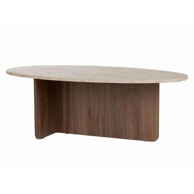 Table basse ovale organique décor travertin et noyer MARFA PIER IMPORT