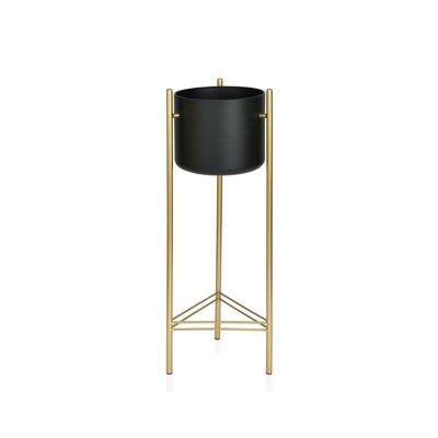 Cache-pot sur Pied en Métal Doré et Pot Noir - Hauteur 66cm WADIGA