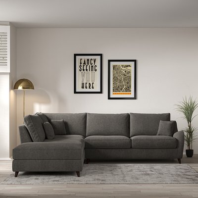 Amelia Soft Brushed Corner Sofa & Modular Footstool Set with Dark Wood Legs (Left Facing) SO'HOME