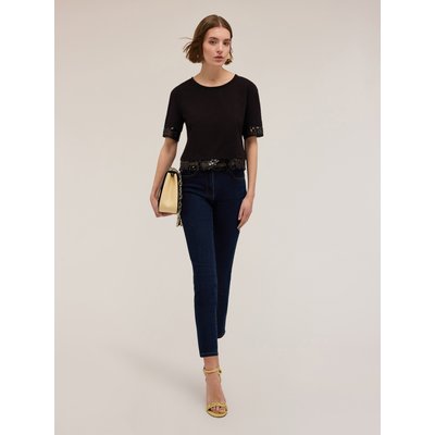 T-shirt en jersey de coton teinte unie avec bords en paillettes MOTIVI