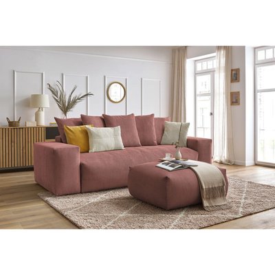 Canapé droit convertible 4 places en velours côtelé avec pouf, VOLTAIRE BOBOCHIC