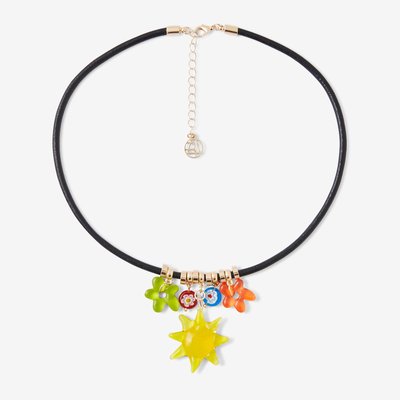 Collier cordon cuir pendentif soleil et fleurs BALABOOSTE