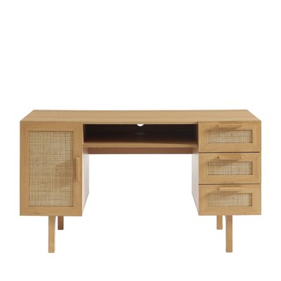 Bureau 1 porte 3 tiroirs en bois et cannage L135cm- JUNE DRAWER