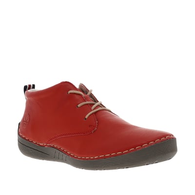 Bottines rouges à semelle plate lacets ronds beiges avec grosses surpiqûres contrastées RIEKER