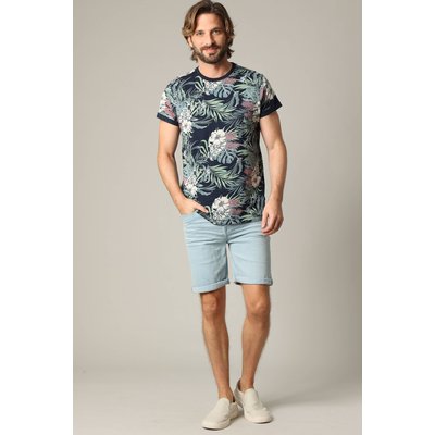 T-shirt en coton à manches courtes avec poche poitrine et motif tropical CARIBANO DEELUXE