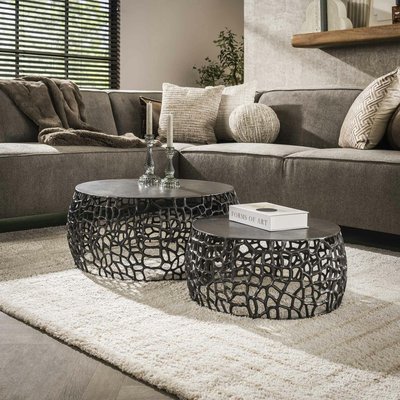 Table basse gigogne ronde style contemporain en métal finition nickel noir motifs ajourés (2 pièces) PIER IMPORT