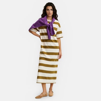 Robe longue rayée boutons épaules, manches courtes LA REDOUTE COLLECTIONS