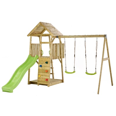 Aire de jeux bois, 2 balançoires, toboggan, escalade, bac à sable WOODI KANGUI